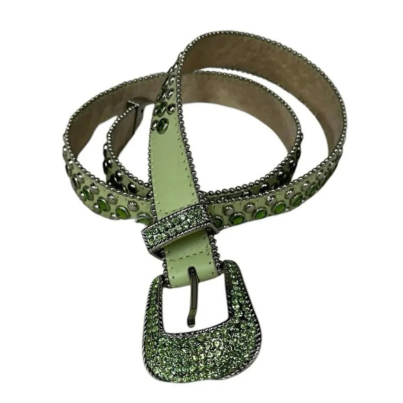 Christine Alexander Swarovski Crystal Studded Green Leather Belt Size Large - Picture 6 of 16